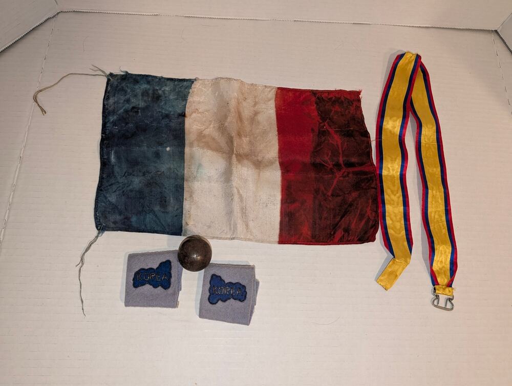 Lot WWI/WWII Items Bourges France Flag Canister Shot Korean Emblems Ribbon